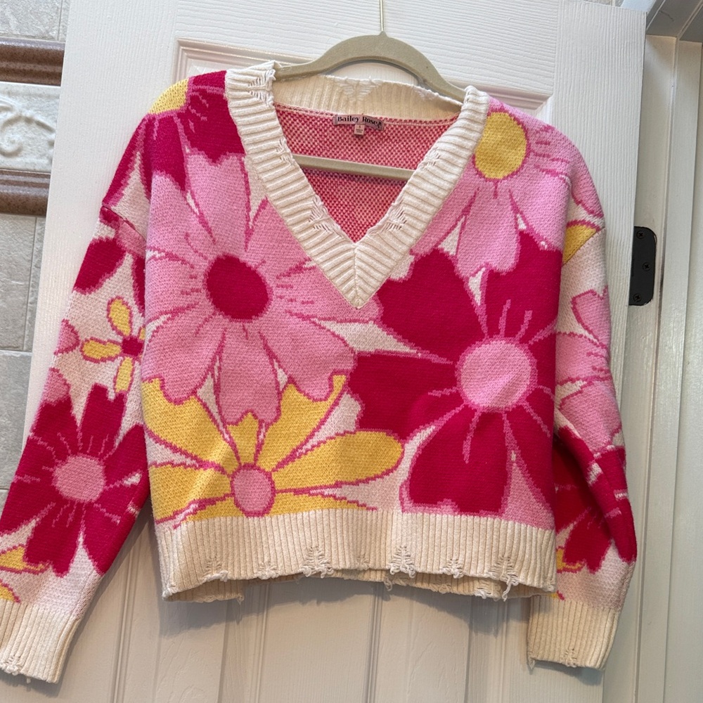 Vibrant Floral V-Neck Sweater - Pink and Yellow
